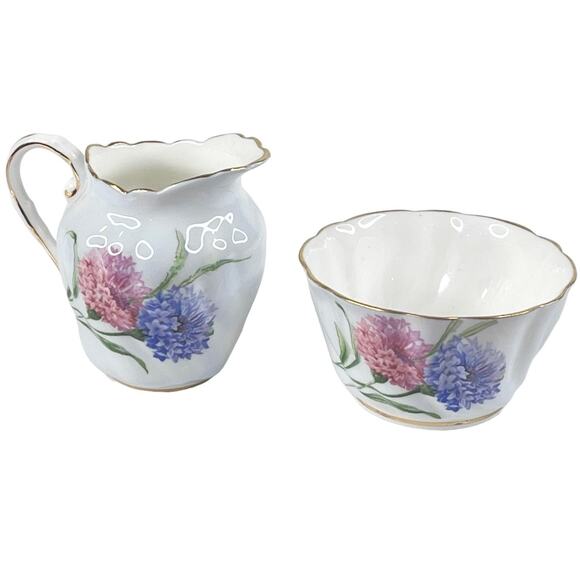 VTG Paragon CREAMER & Open SUGAR BOWL Set Cornflower Pink Blue Flowers Gold Trim - Picture 1 of 9